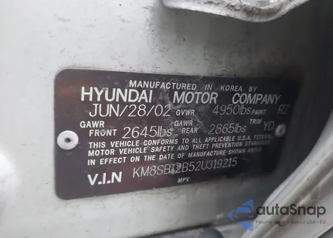 2002 Hyundai Santa Fe z USA, uszkodzony, nr VIN KM8SB12B52U319215